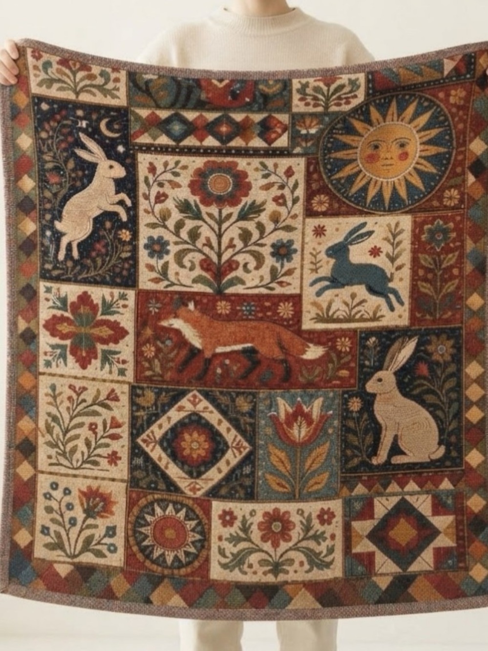 Fox and Rabbit Folk Art Woven Blanket Cottagecore Throw Gift